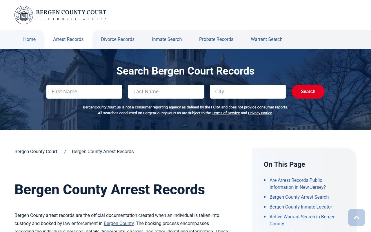 Bergen County arrest records page related to bench warrants