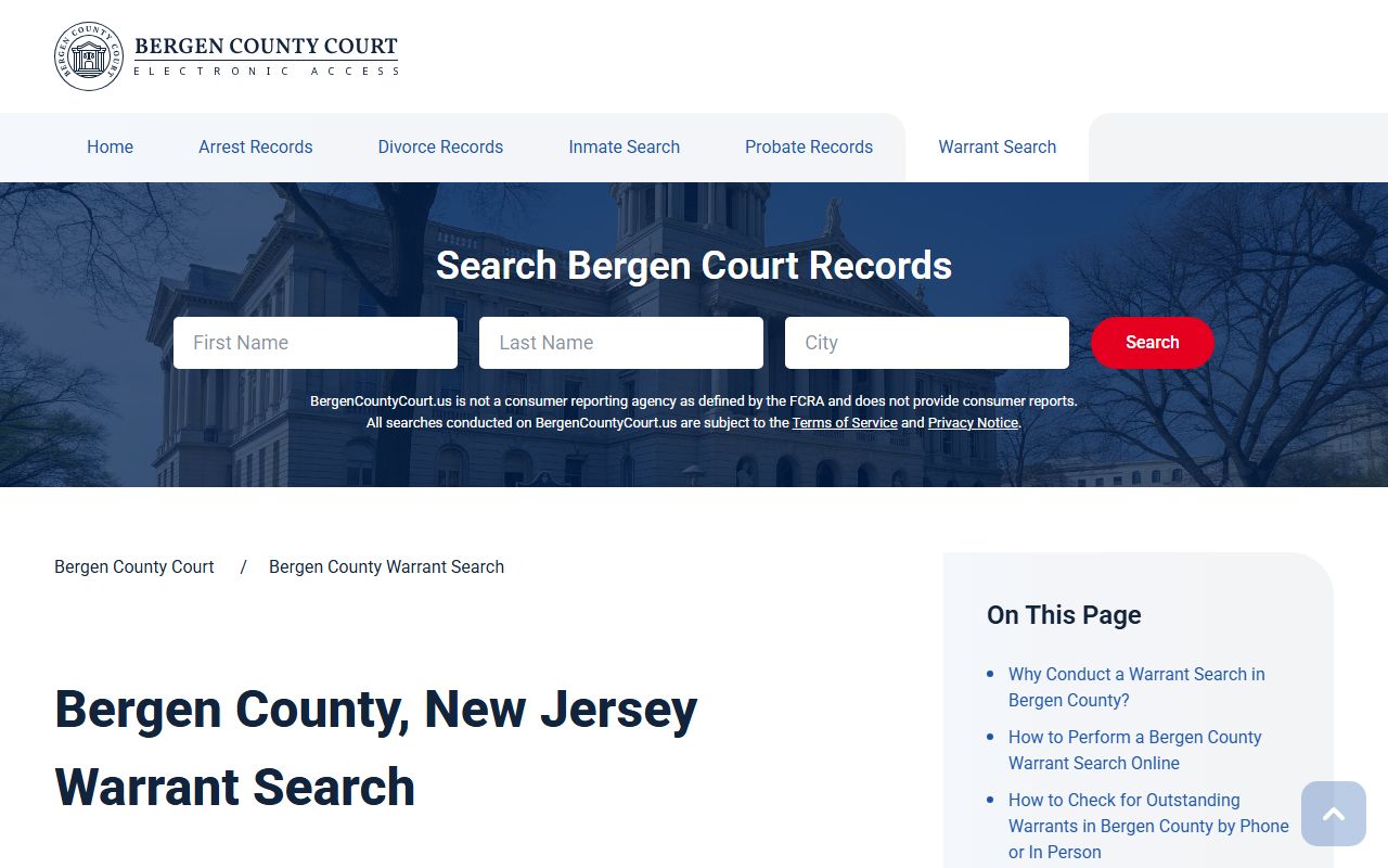 Bergen County warrant search page for bench warrants