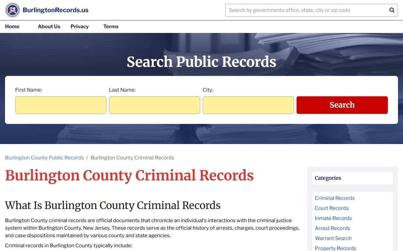 Burlington County criminal records page for bench warrants