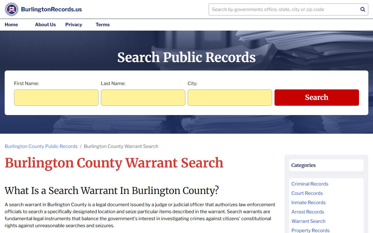 Burlington County warrant search page for bench warrants