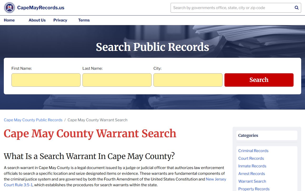 Cape May County bench warrants search page
