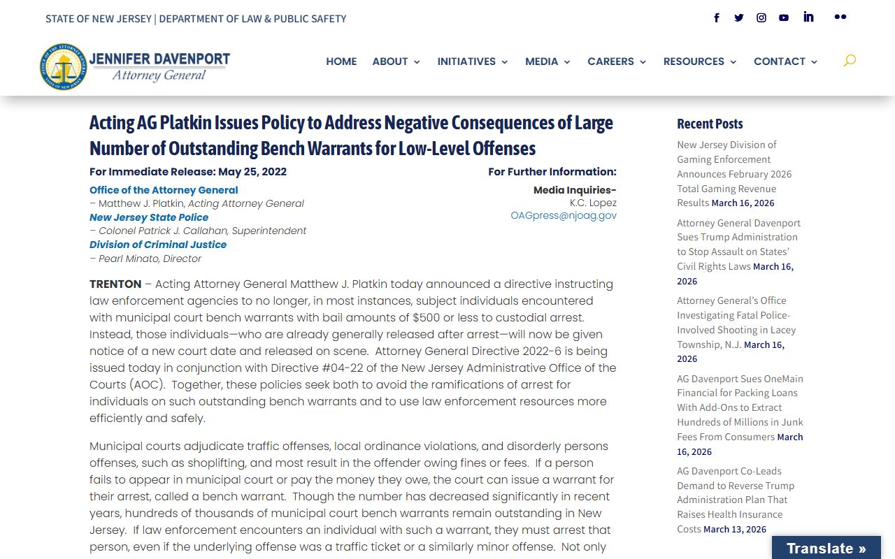 New Jersey Attorney General Directive 2022-6 bench warrant policy for low-level offenses