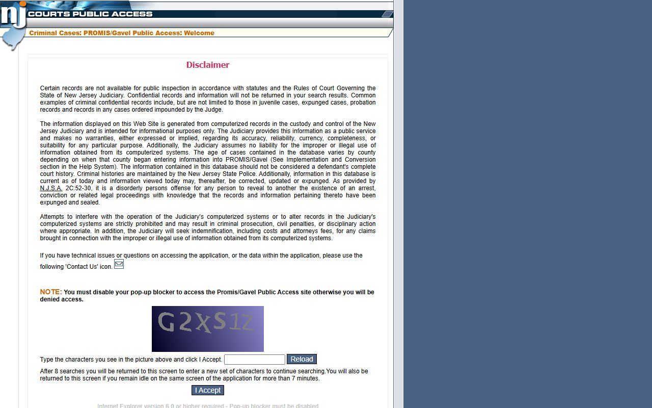 New Jersey PROMIS Gavel public access system for bench warrant searches